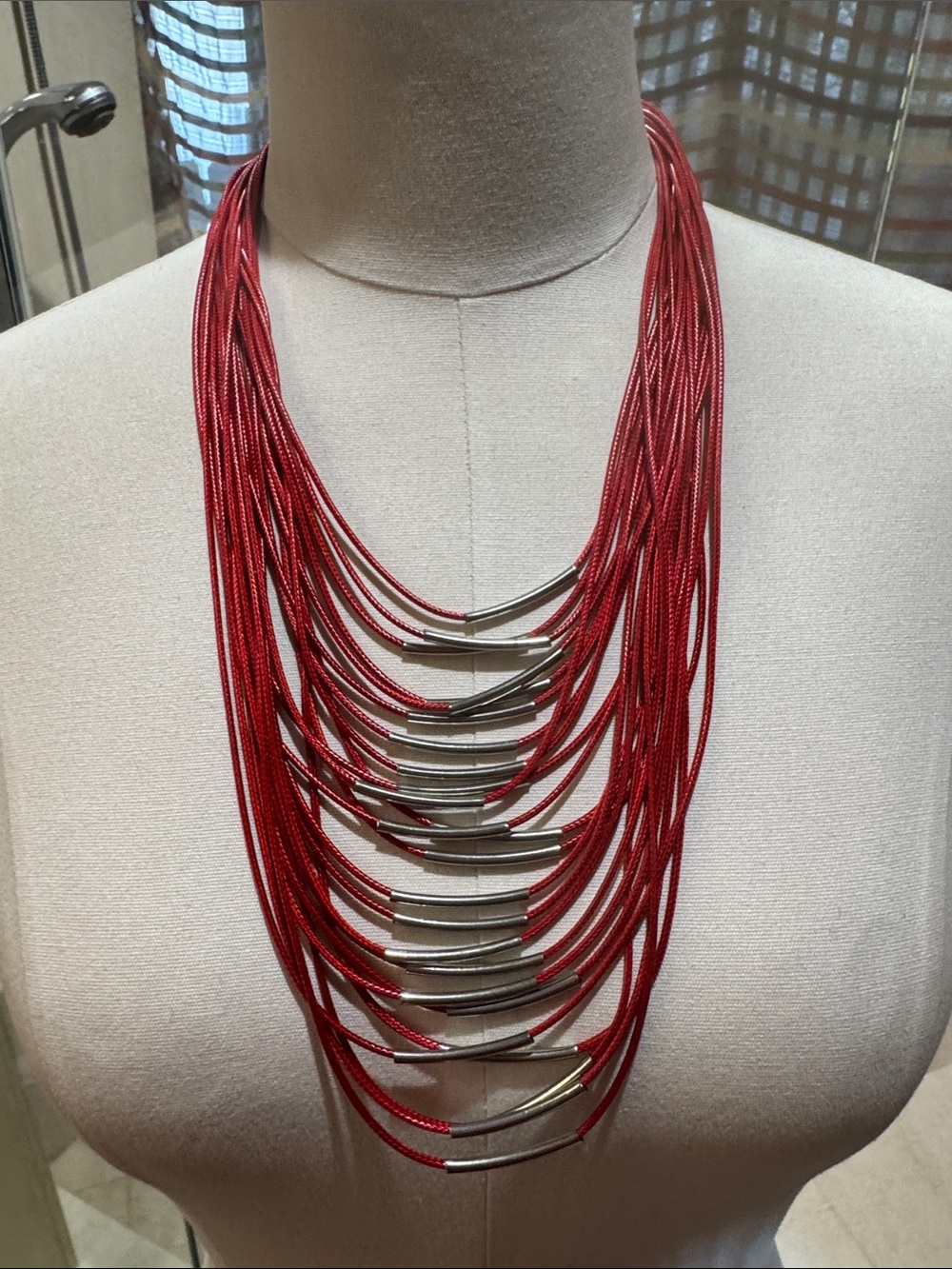 Red Multi-Strand Statement Necklace with Silver Accents